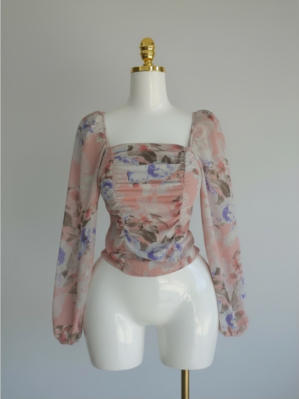Express Floral Ruched Square-Neck Crop Top - Pink - Size S